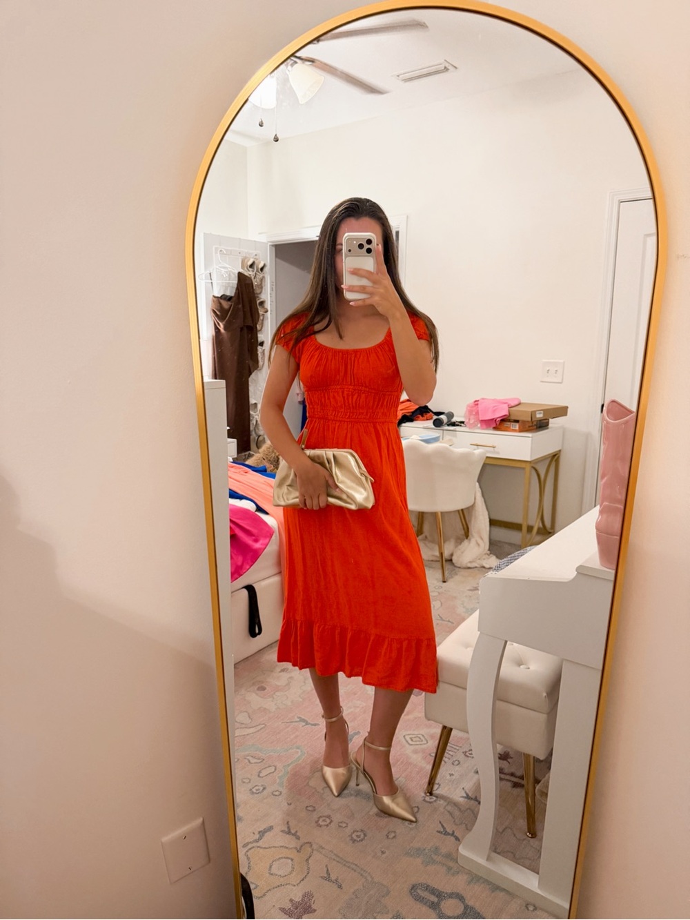Women’s Orange Midi Dress with Ruffle Hem and Smocked Bodice